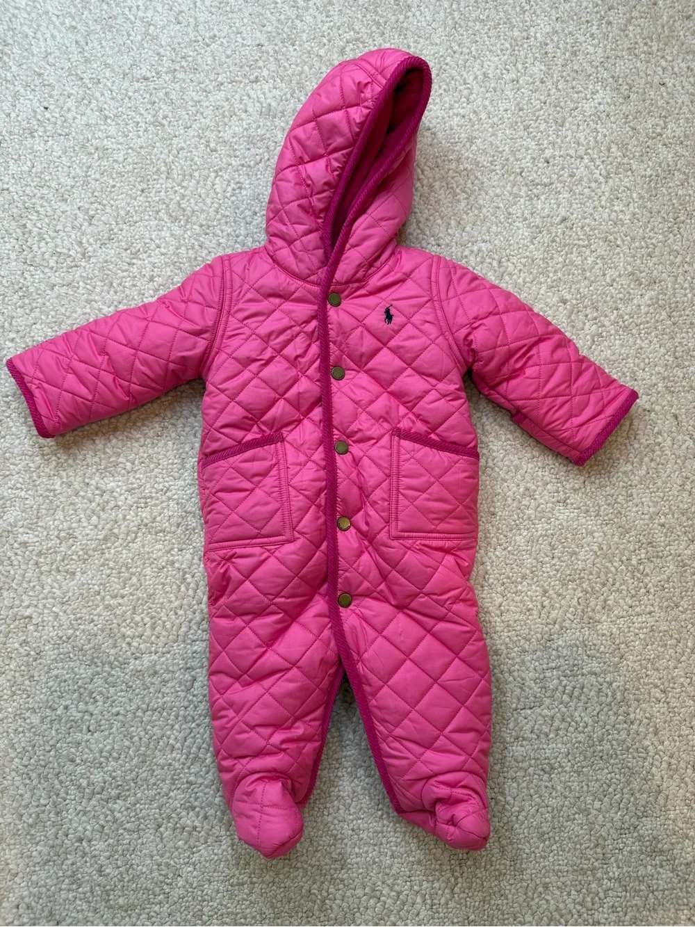 Ralph Lauren Pink Quilted Hooded Footed One-Piece Snowsuit for Baby 6M